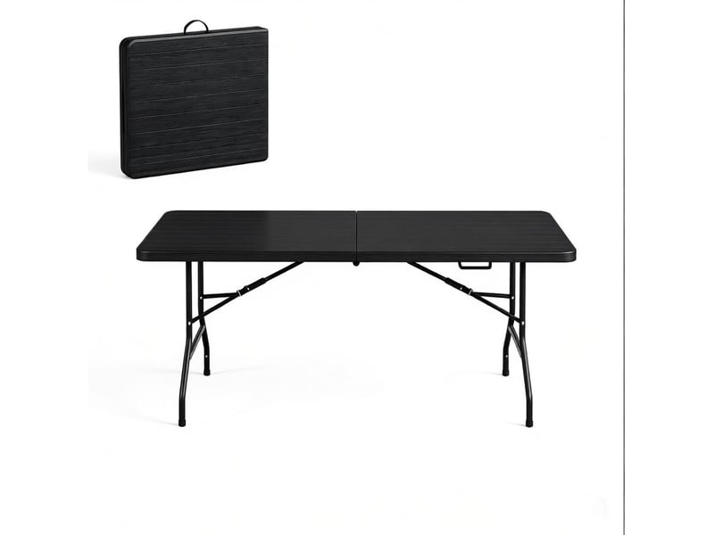  Table à manger extérieure pliante pour 8 personnes avec plateau effet bois et structure acier, noire, 180 × 74 × 70 cm  - Conforama A