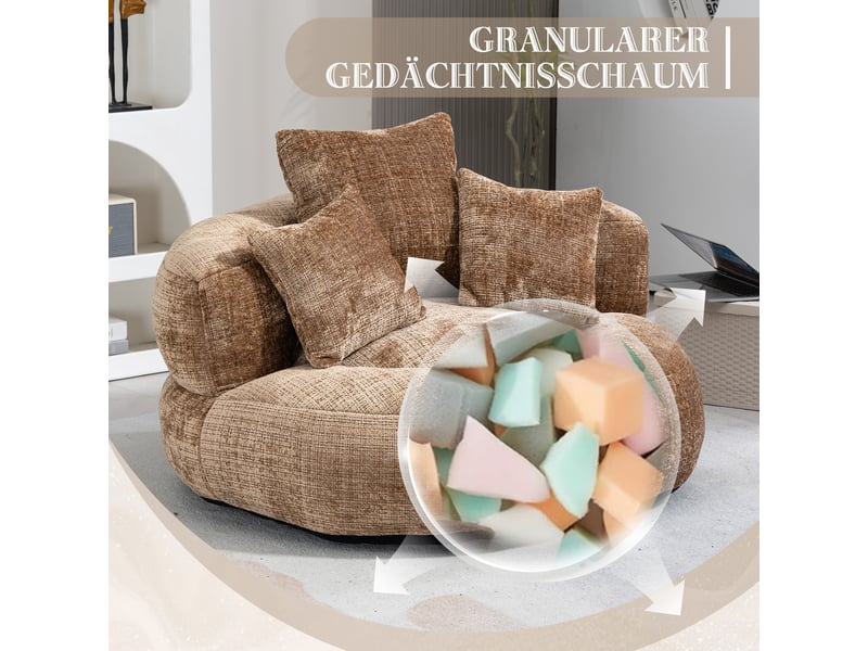  Fauteuil rond en chenille café, 3 coussins, assise en mousse et dossier enveloppant, sans montage, pour salon et chambre  - Conforama E