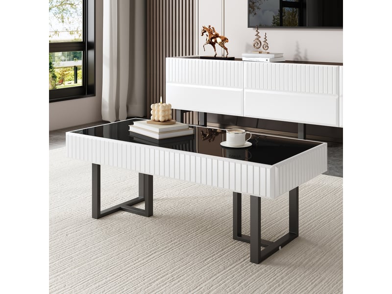  Table basse à plateau brillant pour salon en mdf 110×50,5×41 cm noir et blanc  - Conforama B
