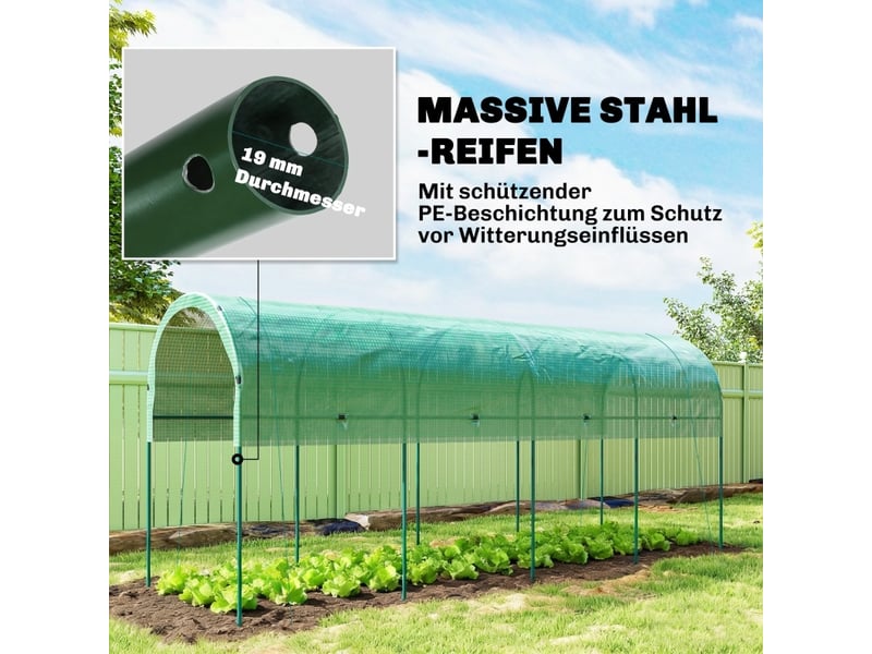  Serre de jardin ouverte 400x120x170 cm – verte – bâche plastique renforcée, arceaux en acier et 8 piquets  - Conforama E