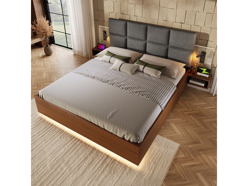 Lit double 180 x 200 cm, tête de lit en lin, chevets suspendus, liseuse tactile, usb-c, led via application, sommier à lattes, gris Bliss Lite - Conforama D