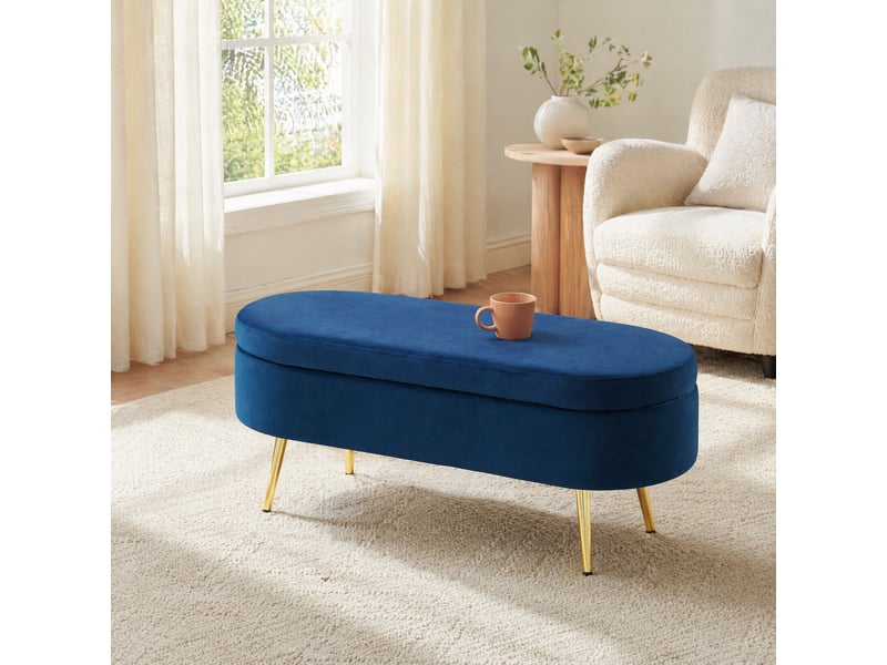  Banc de rangement 110x40x42 cm, coffre 20 l, pieds en bois, pour la chambre et le salon, assise en velours, bleu foncé  - Conforama B