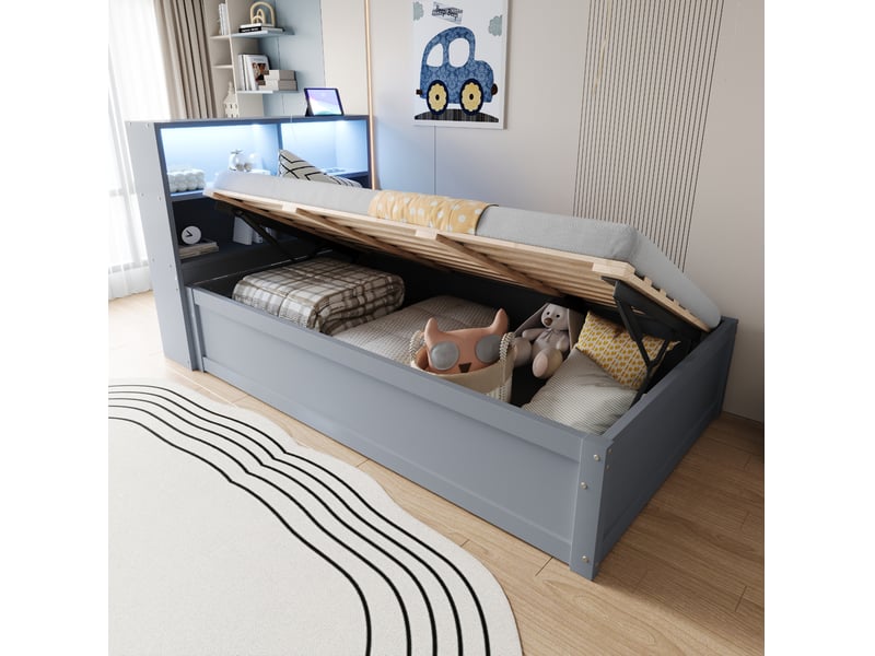 Lit coffre 90x200 cm avec led et prise multifonction gris - Conforama D