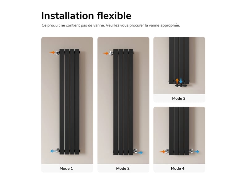  Emke radiateur à eau chaude, radiateur plat seule couche connexion centrale, montage mural vertical design, noir 160x30cm, 501w  - Conforama D