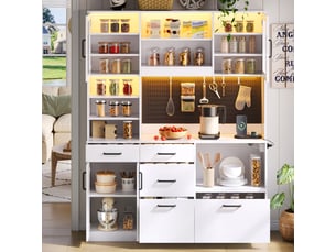 Buffet de cuisine blanc 185x145x40, led rgb et ports usb, 5 tiroirs et étagères