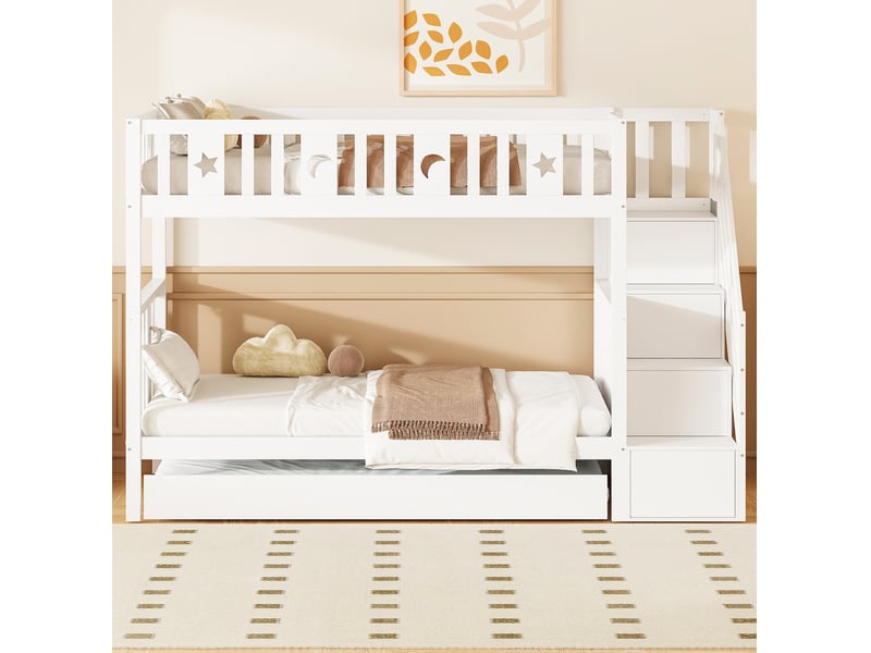 Lit superposé enfant 90x200 cm avec lit gigogne, escalier de rangement blanc - Conforama E