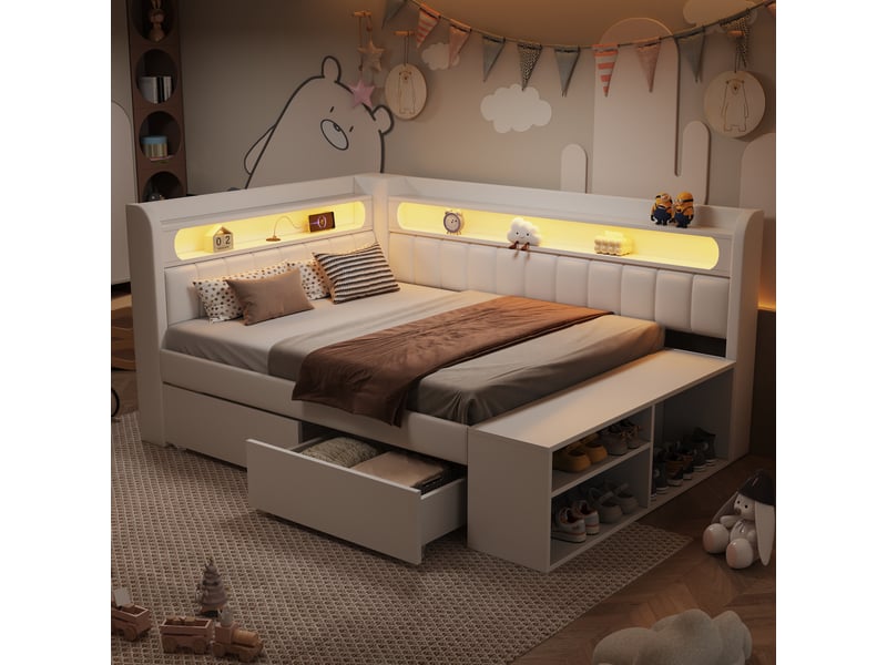  Canapé lit matelassé 90x200 cm avec port usb, bande led, rangement chaussures et 2 tiroirs, blanc  - Conforama B