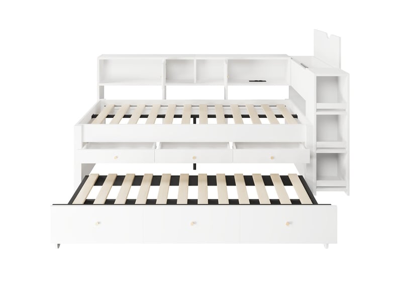 Lit enfant 90 x 200 cm avec port de charge usb, 3 tiroirs et lit d'appoint gigogne, lit avec rangement, blanc - Conforama E