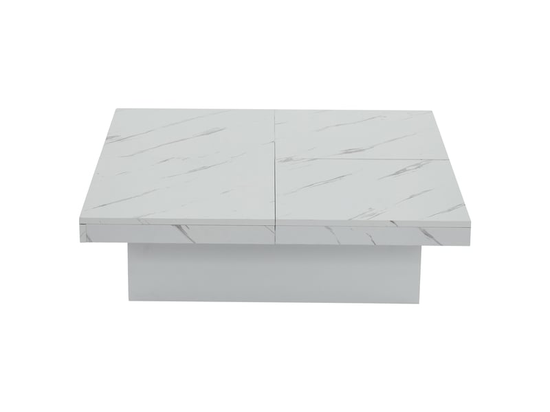 Table basse carrée moderne blanche effet marbre, plateau coulissant, 4 tiroirs, 90×90×25 cm, charge 30 kg  - Conforama A