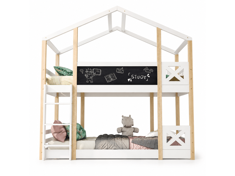  Lit superposé cabane enfant 90x200 cm avec échelle, tableau 110x27 cm et 2 sommiers à lattes en pin, en 747-1:2024, naturel et blanc  - Conforama A