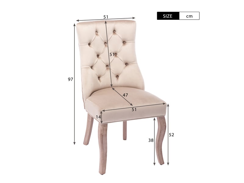  Lot de 6 chaises salle à manger 97x51x47 cm, structure bois, velours beige, dossier haut, assise rembourrée et agréable  - Conforama C