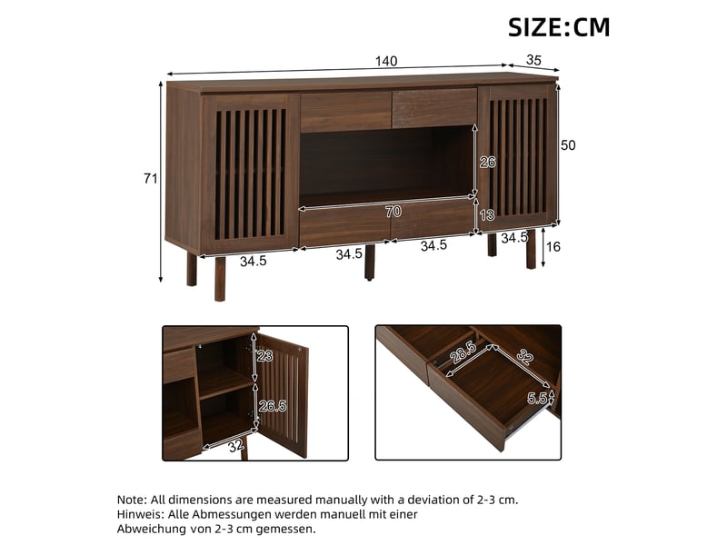  Buffet bas avec 4 tiroirs et 2 portes à lamelles, pieds en bois, pour salon et salle à manger, noyer, 140 × 35 × 71 cm  - Conforama E