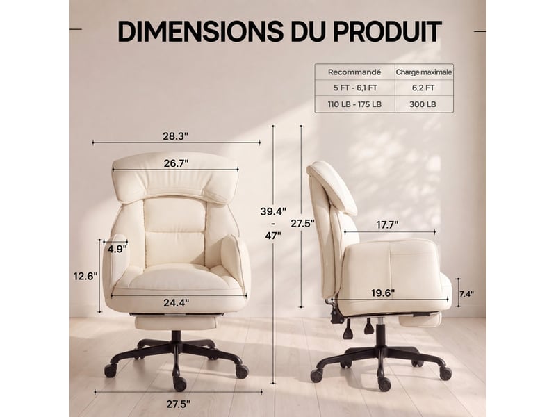  Dowinx fauteuil gaming ergonomique blanc crème avec massage, ressorts ensachés, réglages multiples, revêtement en similicuir pu, grand format  - Conforama C