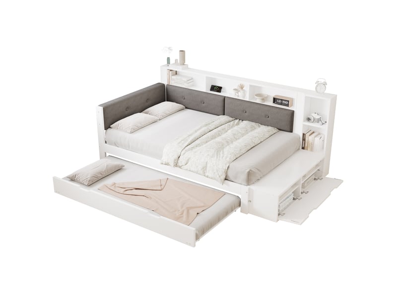  Lit gigogne 120x200 cm avec rangement et charge, blanc et gris, sans matelas  - Conforama A