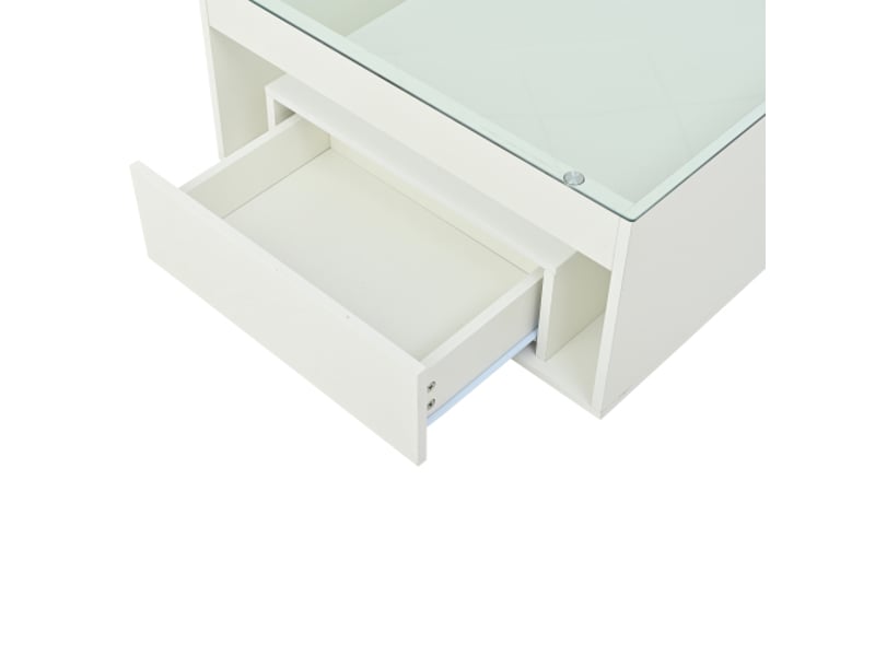  Table basse 70 x 70 cm blanc brillant, 2 tiroirs, design ajouré, plateau en verre trempé, led intégré  - Conforama D