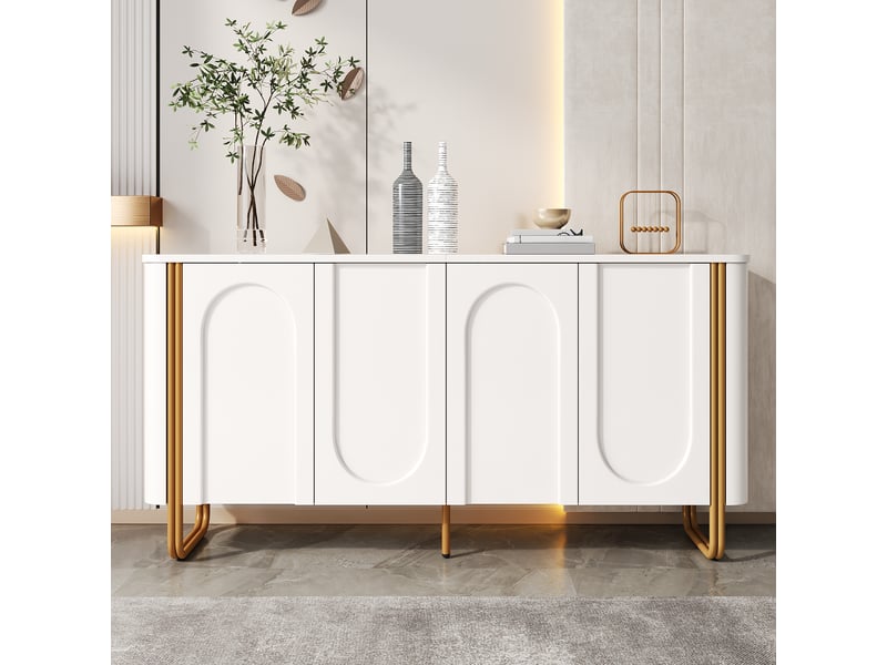  Buffet bas 160x35x80,5 cm avec 4 portes push-to-open, façades en relief arqué, coins arrondis, pieds métal, rangements intérieurs, mdf blanc  - Conforama B