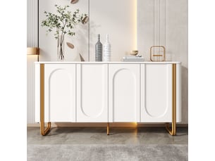 Buffet bas 160x35x80,5 cm avec 4 portes push-to-open, façades en relief arqué, coins arrondis, pieds métal, rangements intérieurs, mdf blanc