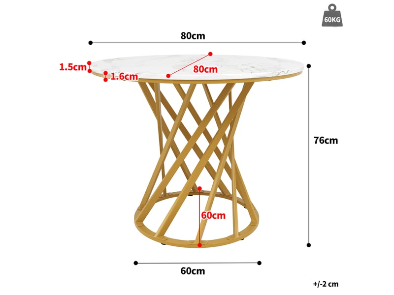  Table à manger ronde 80 x 80 x 76 cm, plateau mdf blanc et pieds métal dorés  - Conforama C