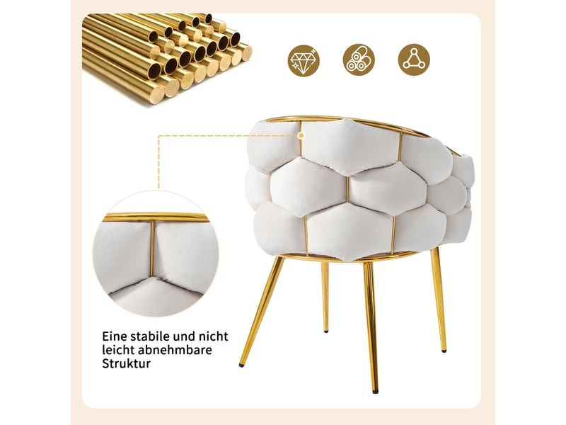  Lot de 6 chaises de salle à manger en velours beige, pieds en métal doré, design moderne, assise ergonomique  - Conforama D
