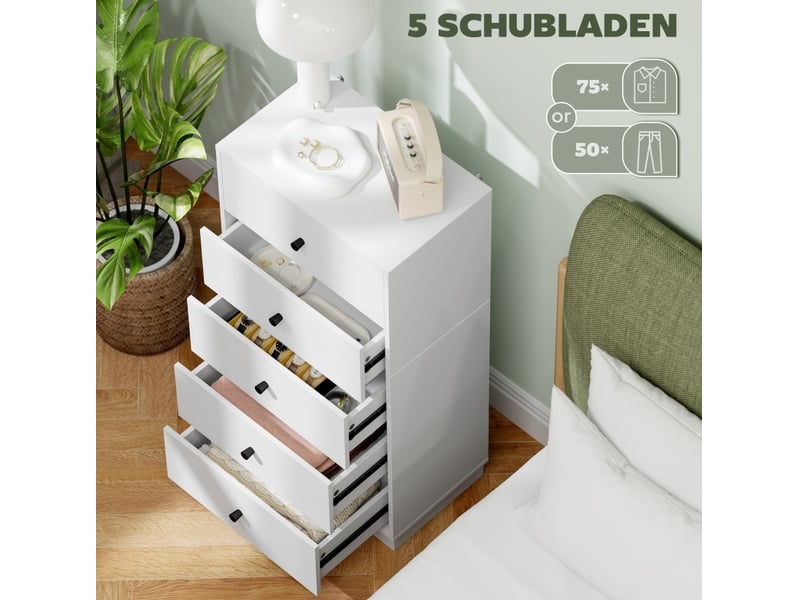  Commode à 5 tiroirs en bois blanc - meuble de rangement moderne  - Conforama D