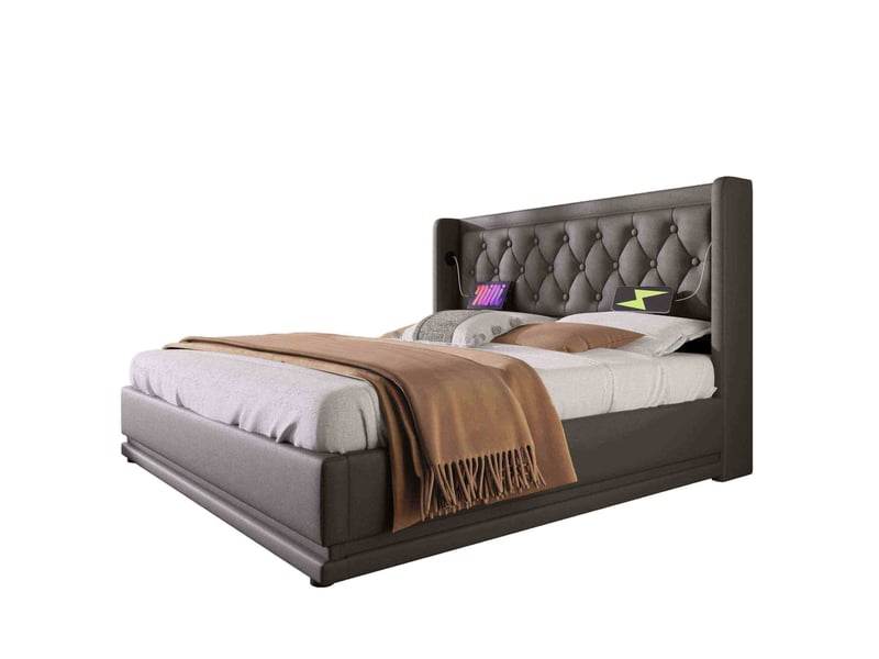  Lit coffre tcqpz 160 x 200 cm noir pu tête de lit rembourrée usb type-c led 3 faces  - Conforama A