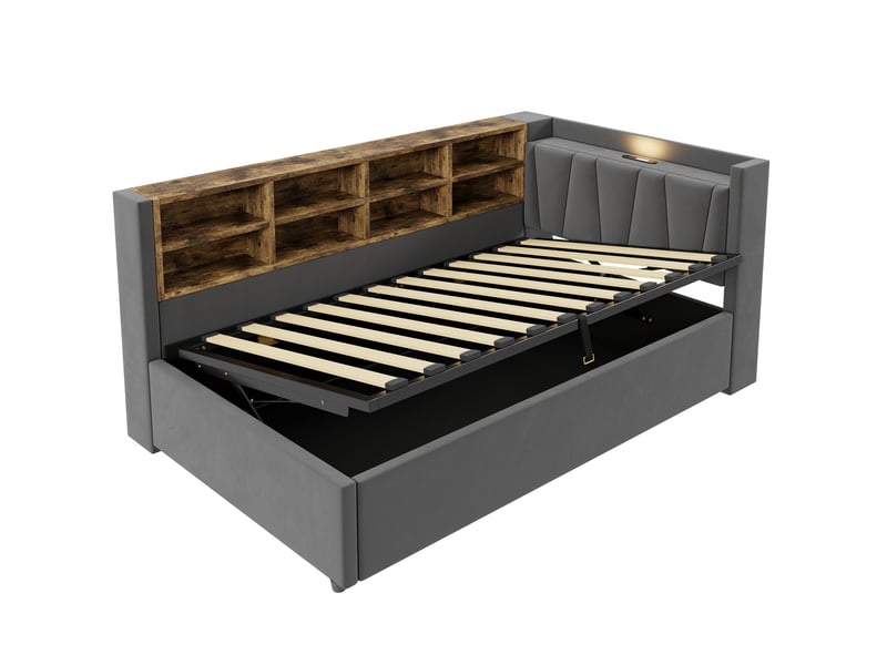Lit coffre enfant 90x200 cm, led, usb type-c, étagères, rangement, sommier, velours gris foncé, sans matelas - Conforama E