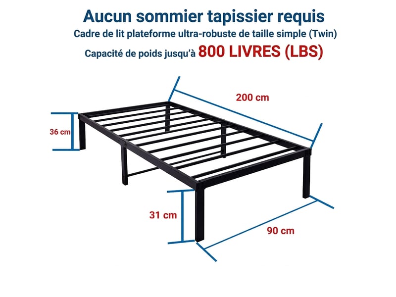 Cadre de lit 90x200 cm en métal lit simple noir robuste - silencieux 150 kg - Conforama C