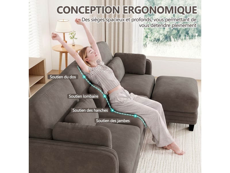 Canapé d’angle modulable 176 cm 2 places avec ottoman, coussins d’accoudoir amovibles, coussins lombaires épais à soutien renforcé, chenille, brun café - Conforama E