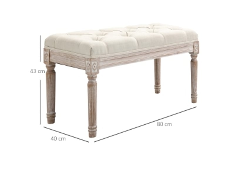  Bout de lit avec assise rembourrée et pieds en bois, vintage français, polyester aspect lin blanc, 80 × 40 × 43 cm  - Conforama D