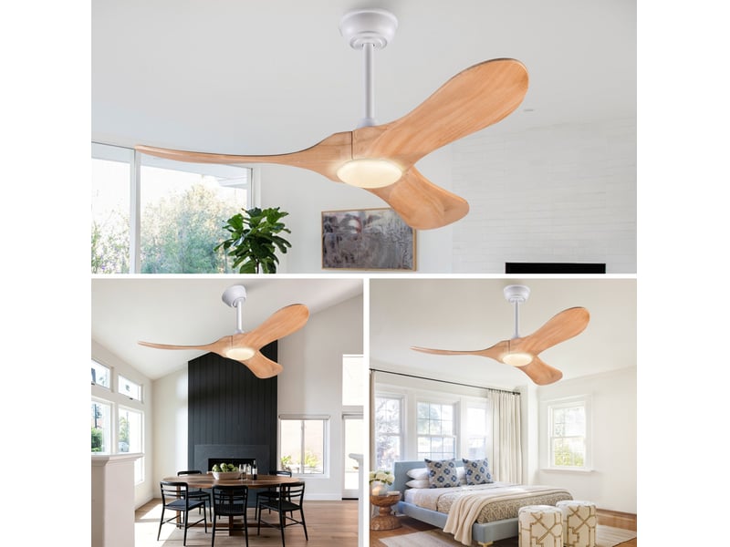  Ventilateur de plafond 42 pouces avec éclairage et télécommande, 3 pales en bois massif, 3cct, dimmable, réversible, 6 vitesses, fonction minuterie mémoire  - Conforama E