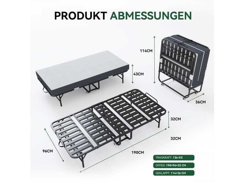  Modenvie lit pliant 90x190 cm - avec matelas a mémoire de forme, roulettes verrouillables - noir  - Conforama C