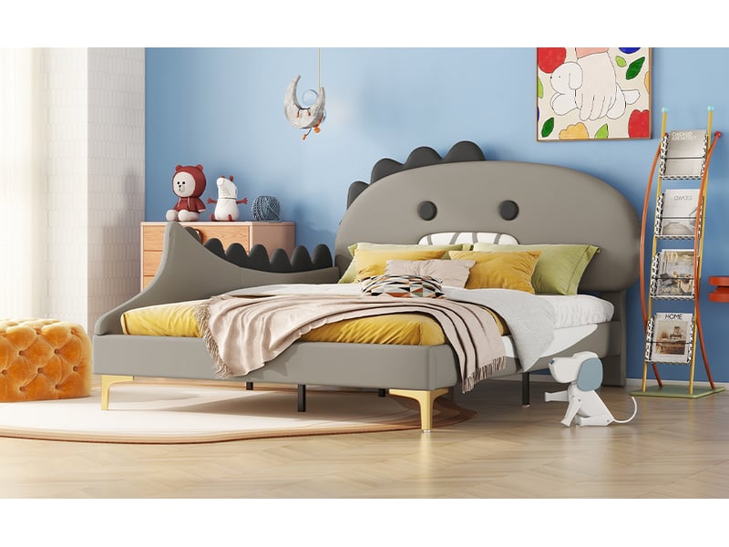  Lit enfant dinosaure 140x200 cm en pu gris  - Conforama W