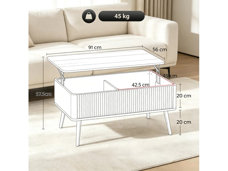  Table basse relevable avec rangement 91 x 56 cm en mdf et bois, chêne  - Conforama C