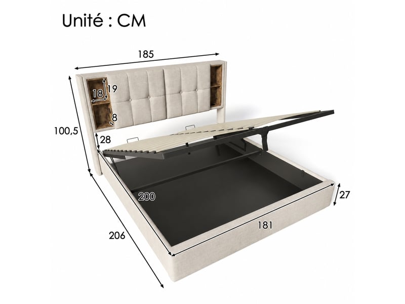  Lit coffre 180x200 avec sommier relevable, recharge sans fil, lin naturel  - Conforama C