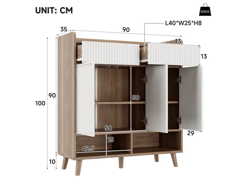  Meuble à chaussures, 3 portes, 2 tiroirs, étagères réglables, 90x35x100 cm, bois blanc et naturel  - Conforama C