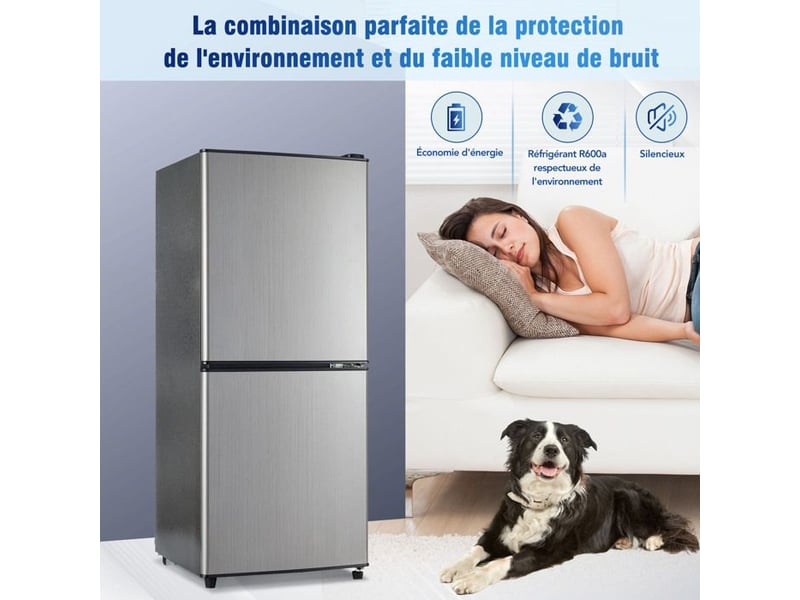 Réfrigérateur compact 106l (60l+46l) - 45db silencieux - éclairage led - r600a écologique - design argentnoir moderne 102x42.5x44.5cm - Conforama E