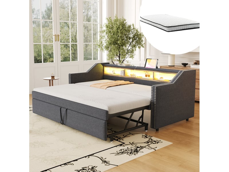 Lit banquette gigogne 90 × 190 cm, extensible 180 × 190 cm, led et usb, 1 à 2 places, 2 matelas inclus, gris foncé - Conforama B