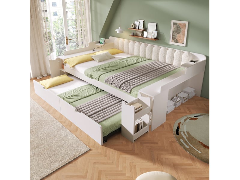  Lit gigogne 2 places 140x200 cm avec rangement, pour chambre, en mdf et en métal, design moderne, blanc, sans matelas  - Conforama E