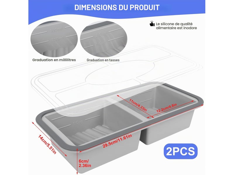 Moule à soupe en silicone avec couvercle, boîte à lunch compartimentée, 2 compartiments, 1000 ml, ensemble de 2 pièces, gris ZYS01845LHY - Conforama B