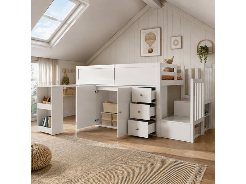 Lit mezzanine enfant 200×90 cm avec bureau coulissant, rangements et escalier, sans matelas, en mdf blanc - Conforama B