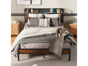 Lit 140 x 190 avec sommier, cadre de lit métallique robuste, éclairage led, prises, usb et type-c, tête de lit avec rangement, design minimaliste, stable, silencieux et antidérapant, noir