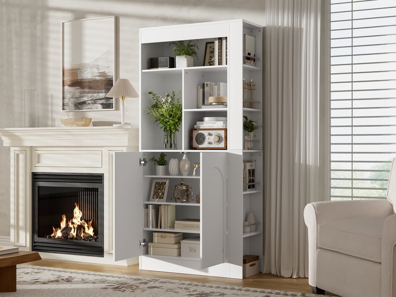  Meuble de rangement blanc 85x35x180cm - grand meuble de salon multifonctionnel avec étagères ouvertes, portes et niches latérales  - Conforama D