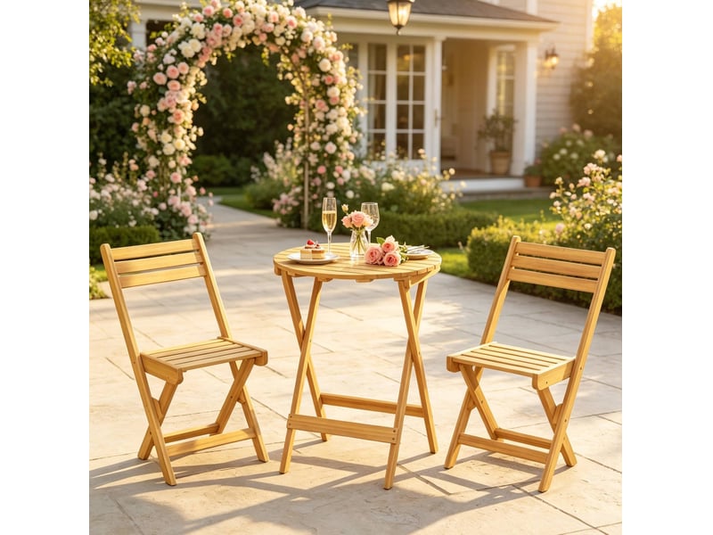 Salon de jardin pliant 2 places, table ronde 60 cm et 2 chaises en bois d'acacia naturel, prêt à déplier - Conforama E