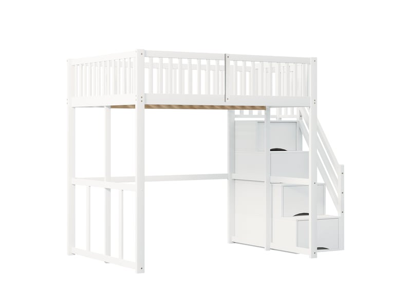  Lit mezzanine 140x200 cm en pin massif blanc, échelle avec rangement et barrières de sécurité  - Conforama D