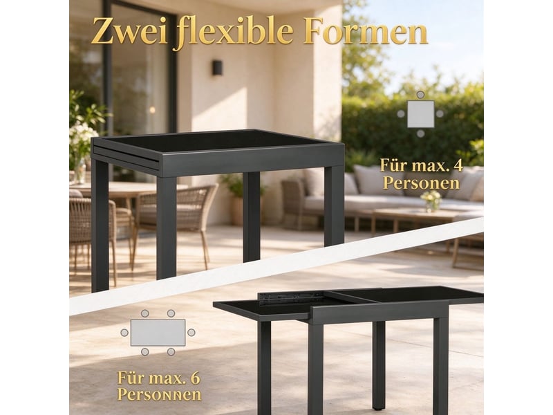  Table à manger plateau extensible grand format piètement en aluminium gris foncé plateau en verre trempé noir  - Conforama D