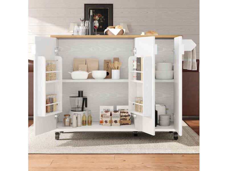 Île de cuisine sur roulettes, buffet 3 portes, plan de travail extensible, rangement ajustable et porte-serviettes - Conforama D