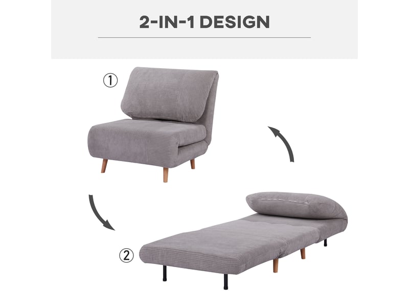 Fauteuil lit convertible,82x89x83 cm,dossier réglable,velours côtelé,gris clair - Conforama D
