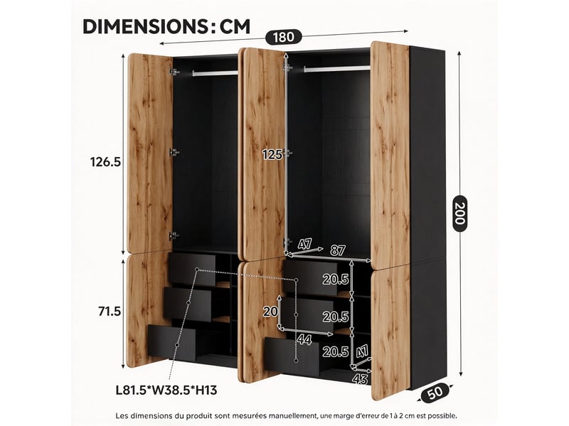 Grande armoire à portes battantes 180 x 50 x 200 cm avec 2 tringles, 6 tiroirs, 8 portes et étagères de rangement, décor chêne - Conforama C