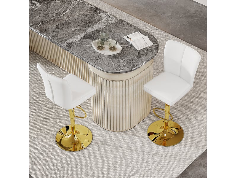  Tabourets de bar 95,5-117,5 cm lot de 2, réglables, pivotants 360°, métal et pu, pour salon, cuisine, bar, blanc et or  - Conforama D