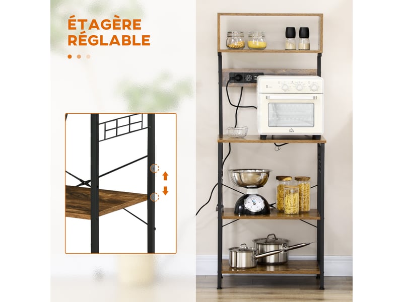  Étagère de cuisine support pour micro-ondes avec 2 prise de courant et 2 chargeurs usb, 5 crochets et étagère réglable  - Conforama E